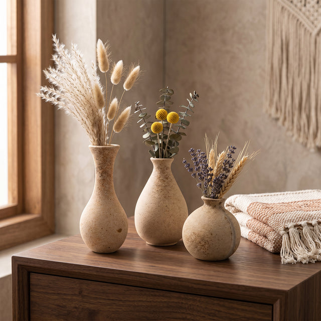 Wooden Vase Set With Dried Flowers