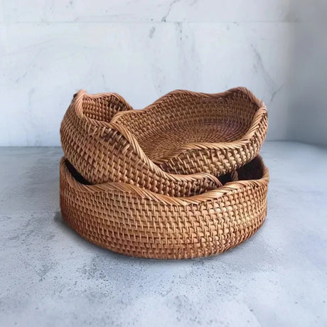 woven rattan brown round 3 piece storage basket