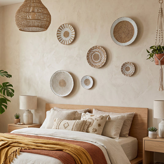 Woven wall decor in bedroom