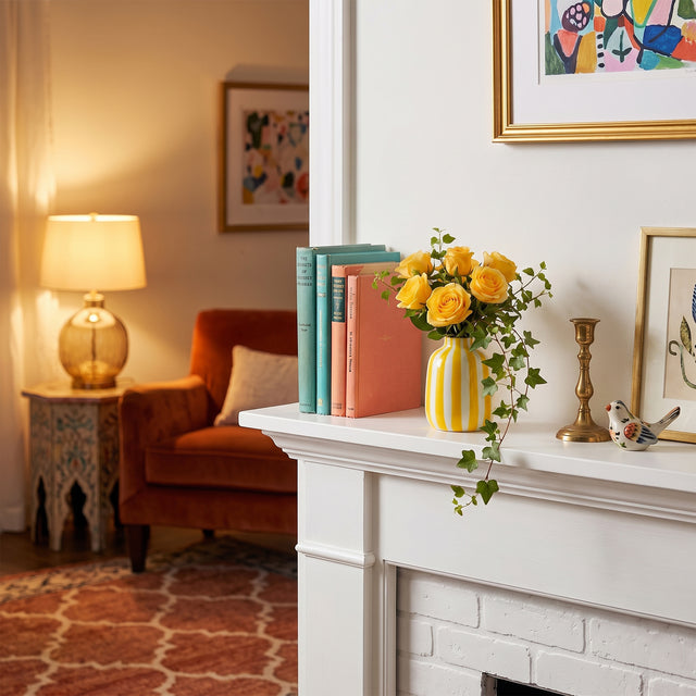 Yellow Striped Vase With Yellow Roses