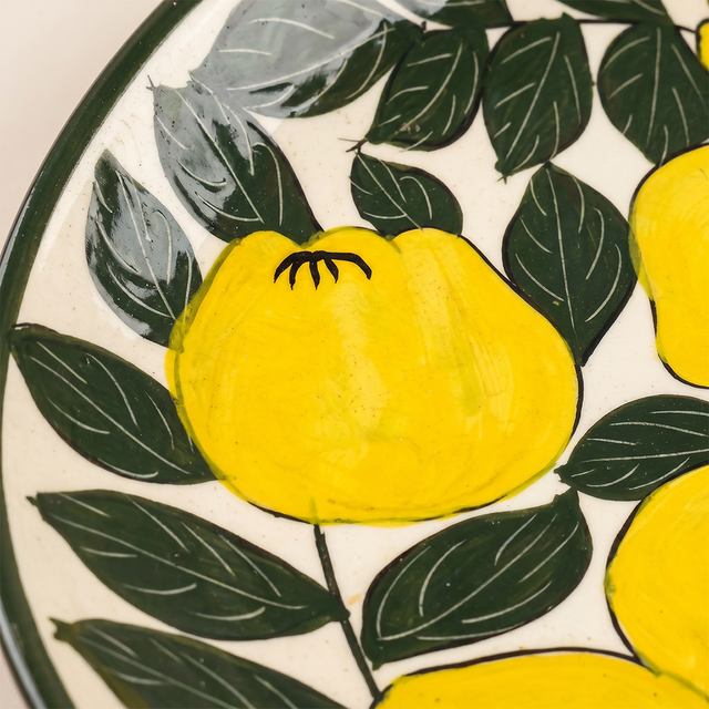 Hand-Painted Ceramic Decorative Plate — Large 14.8" Terracotta Charger with Lemon & Leaf Pattern, Glazed Wall Décor or Serving Platter