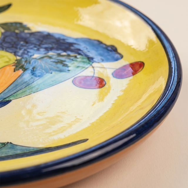 Hand-Painted Ceramic Decorative Plate — Large 14.8" Fruit Compote Scene on Yellow Ground, Terracotta Charger for Wall Décor or Table Display