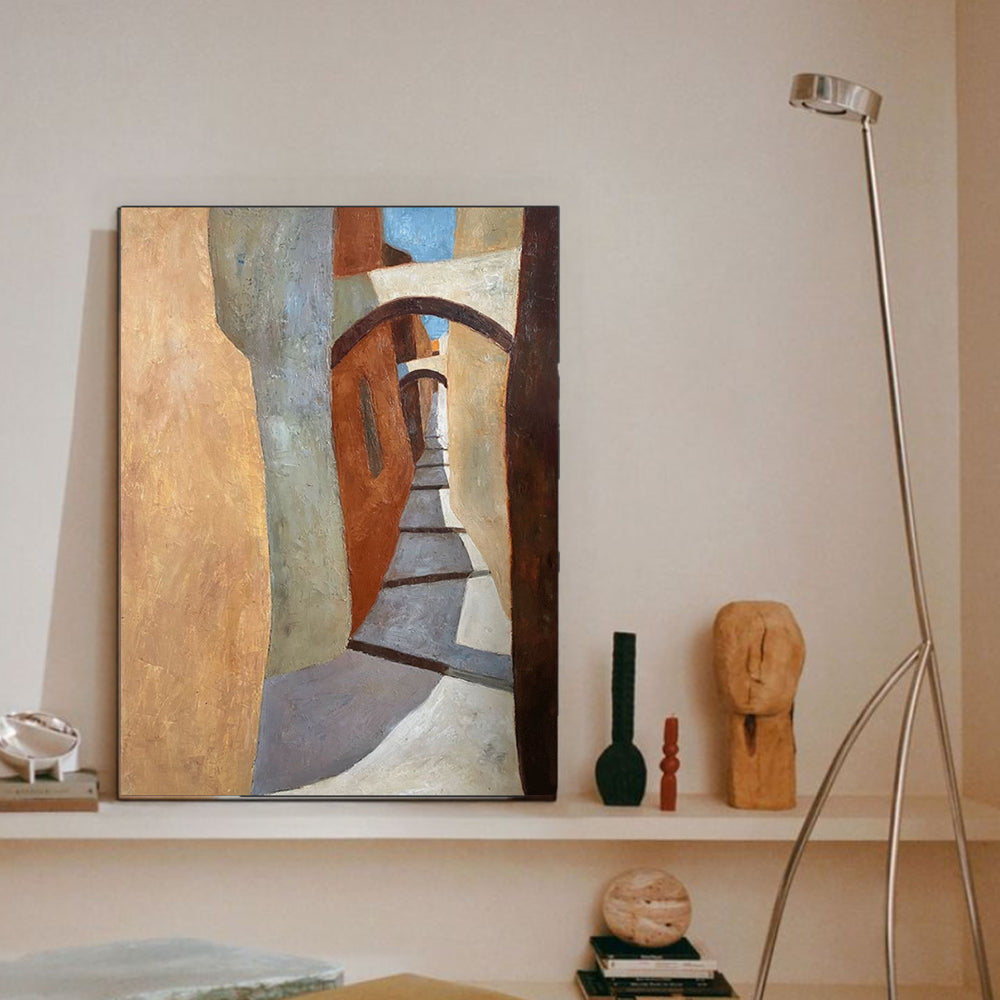 abstract minimalist oil canvas wall painting against the wall