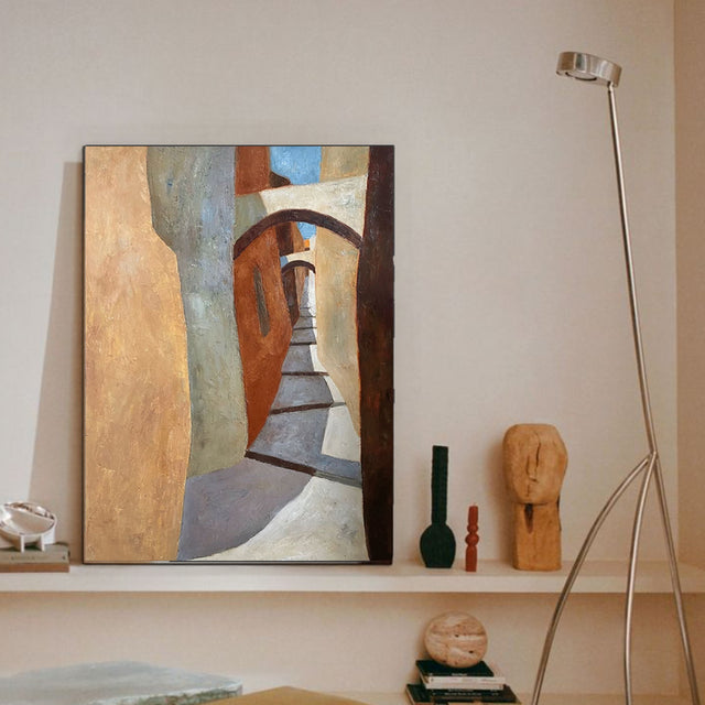 abstract minimalist oil canvas wall painting against the wall