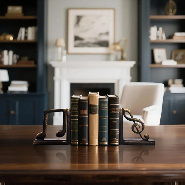 antique resin decorative musical note bookends on the table