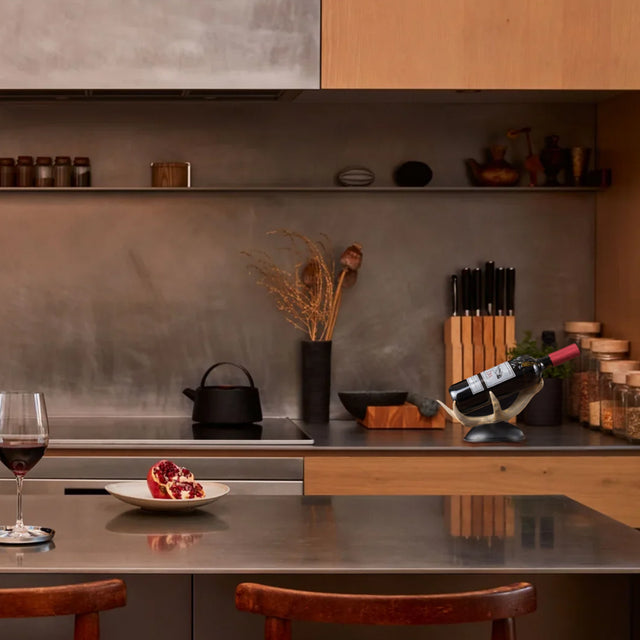 antler shaped resin decorative wine rack in the kitchen