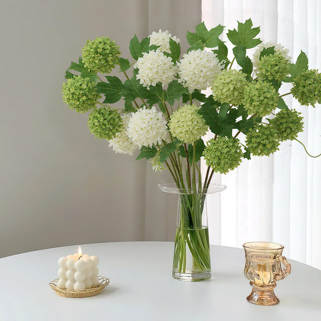 artificial snowball flower on the coffee table
