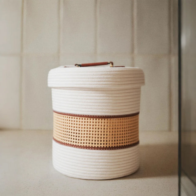 bamboo cotton rope woven small storage basket with a lid