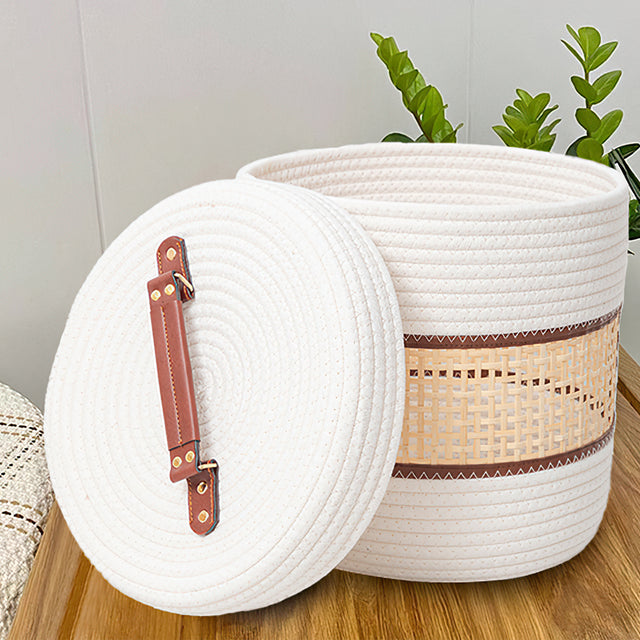 bamboo cotton rope woven storage basket with a lid details