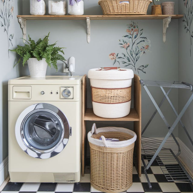 bamboo cotton rope woven storage basket with a lid in the bathroom