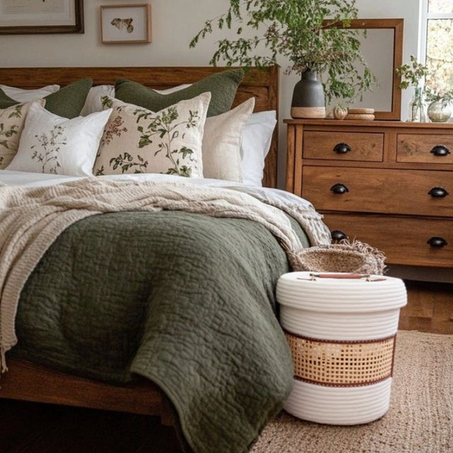 bamboo cotton rope woven storage basket with a lid in the bedroom