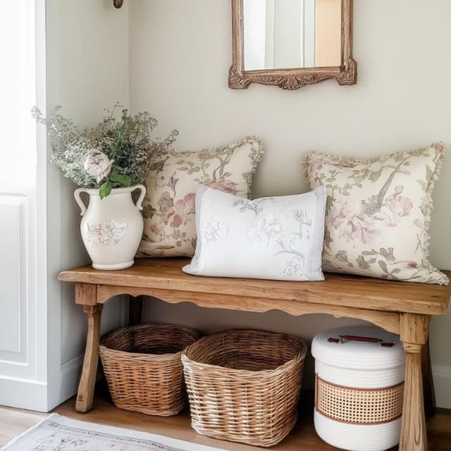 bamboo cotton rope woven storage basket with a lid on the floor