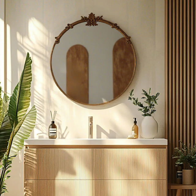 baroque brass round mirror over the desk
