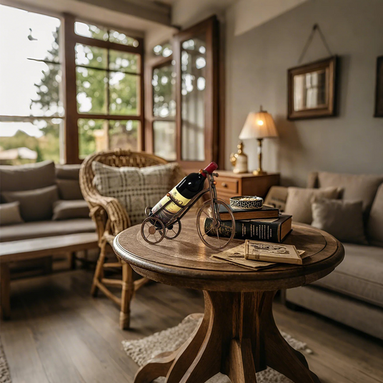bicycle shaped wine rack on the coffee table