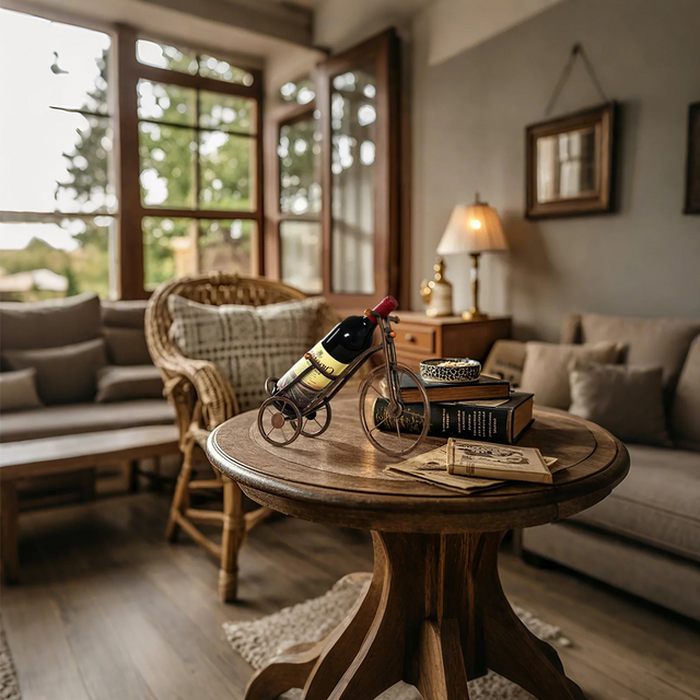 bicycle shaped wine rack on the coffee table
