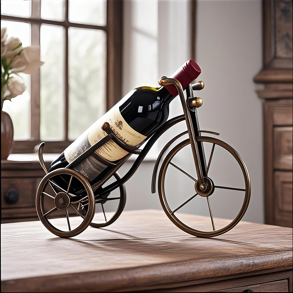 bicycle shaped wine rack on the wooden table