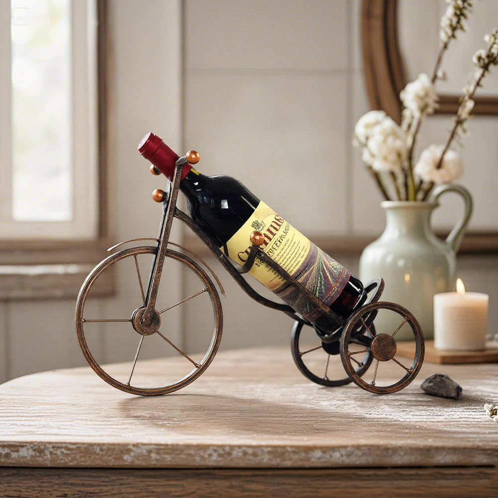 bicycle shaped wine rack on the wooden table