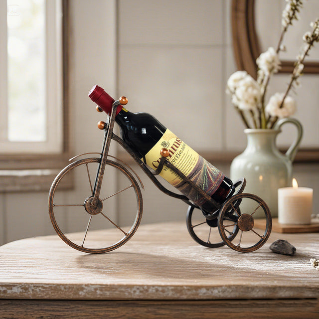 bicycle shaped wine rack on the wooden table