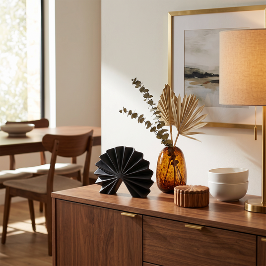 black fan sculpture on wooden buffet with amber vase