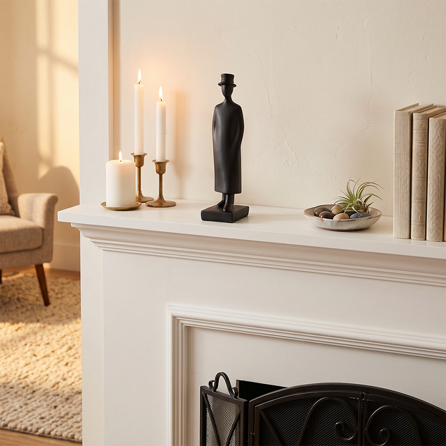 black figurine with candles on white mantel