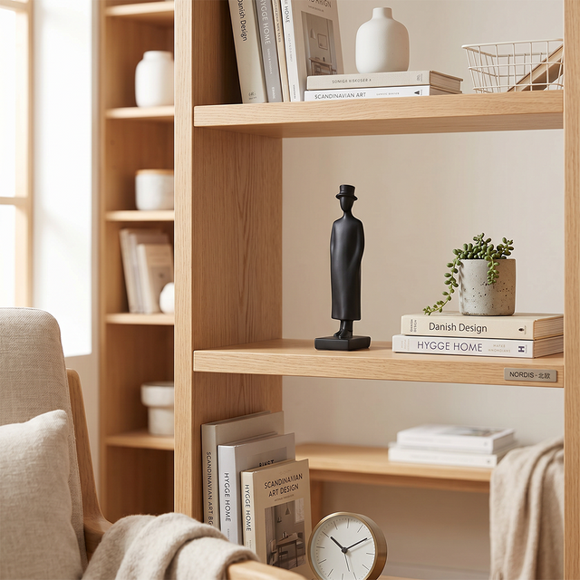 black figurine with top hat on bookcase