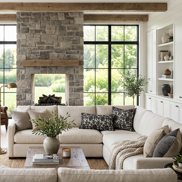 black floral pillows on cream sectional with stone fireplace