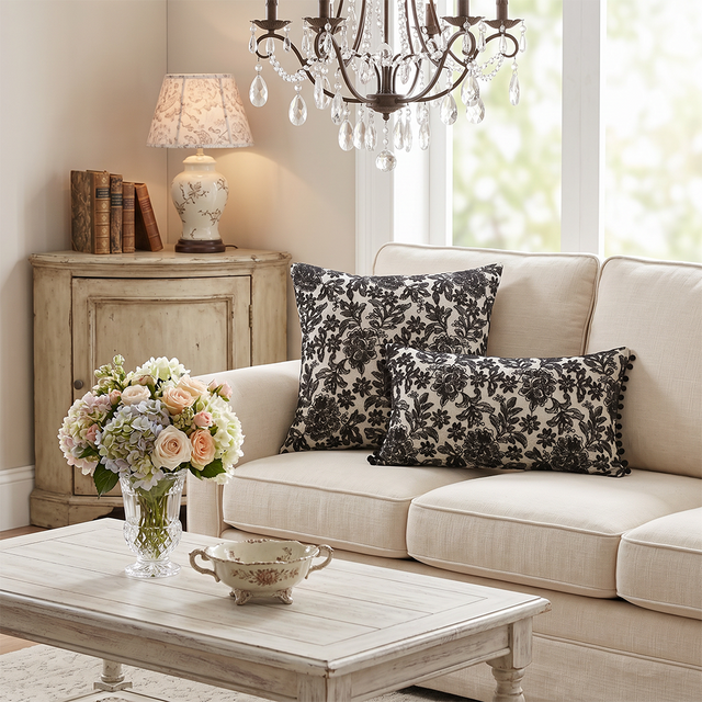 black floral pillows on cream sofa with chandelier