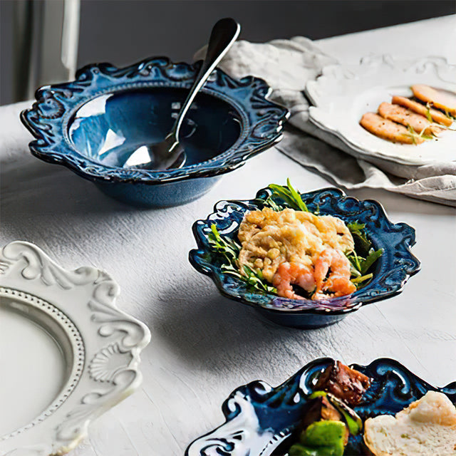 blue ceramic bowl holding meal