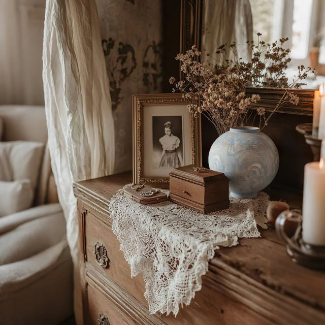 blue ceramic flower vase on the nightstand