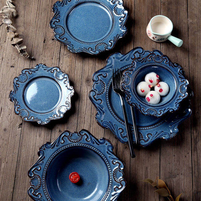 blue ceramic tableware on the dining table