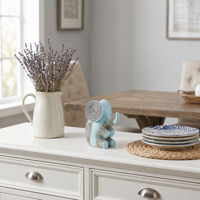 blue resin elephant on white dresser