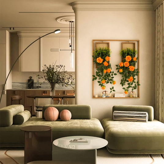 bohemian wood wall hanging plant shelf on living room wall