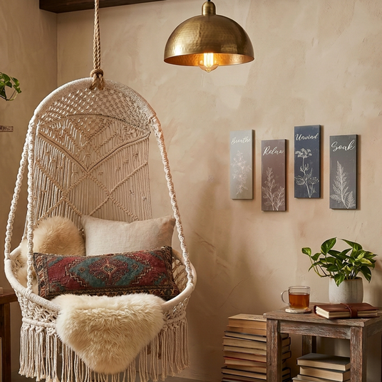 botanical signs above rattan hanging chair in corner