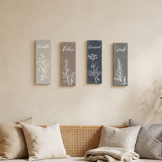 botanical wall signs above rattan bench with pillows