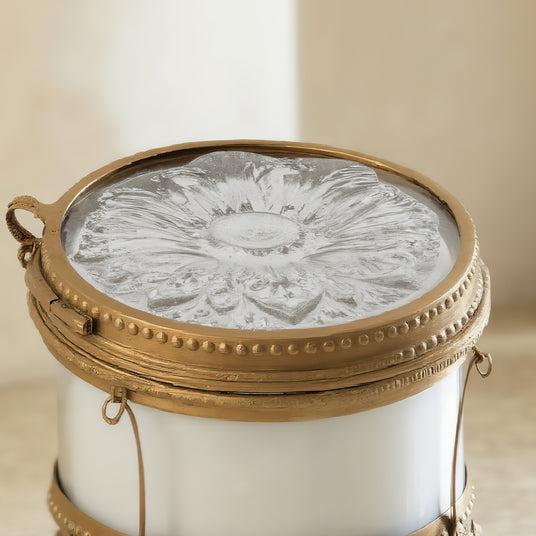 brass and glass carved decorative storage jar details