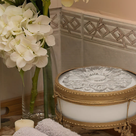 brass and glass carved decorative storage jar details