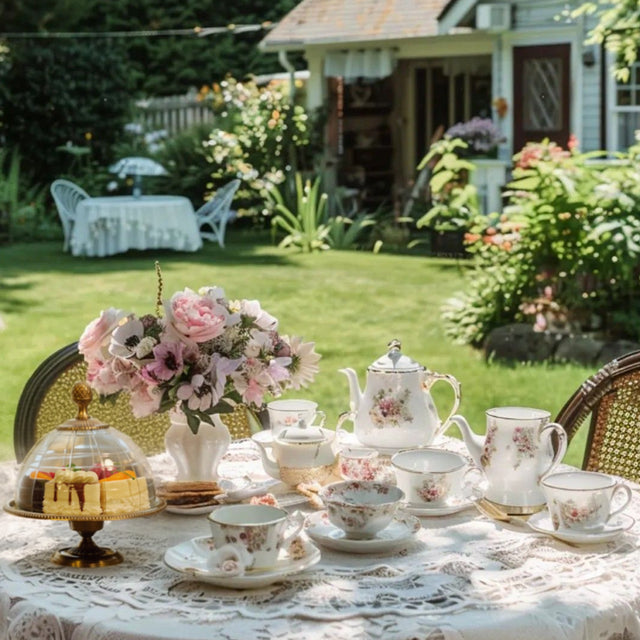 brass cake stand on the garden table