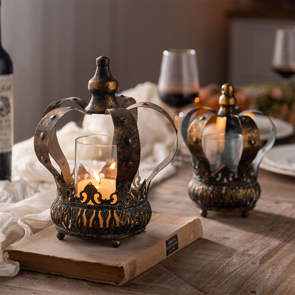 bronze metal crown hurricane candle holder of two sizes