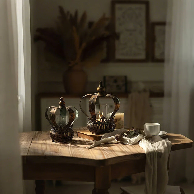 bronze metal crown hurricane candle holder of two sizes