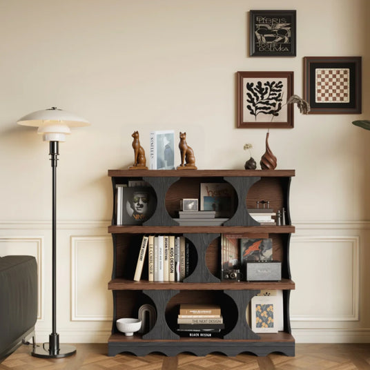 brown cat bookend on the cabinet