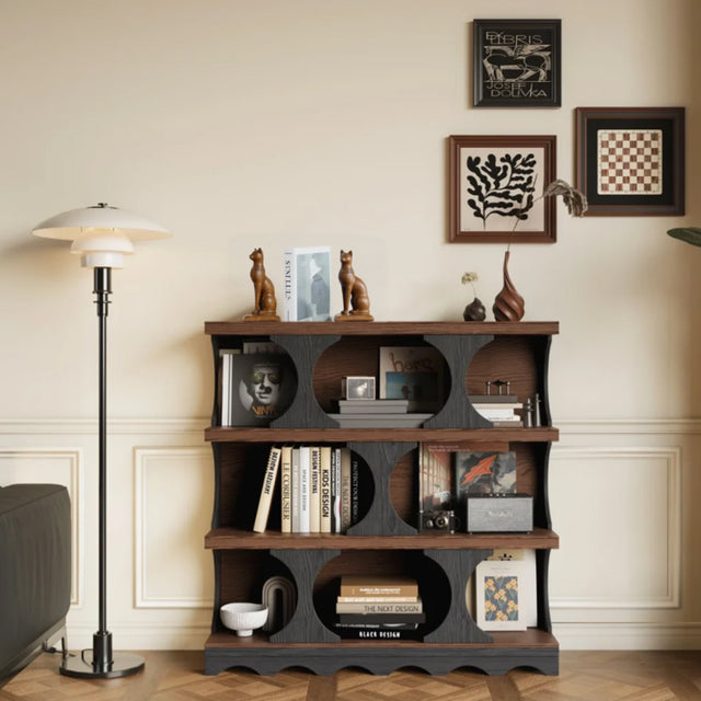 brown cat bookend on the cabinet