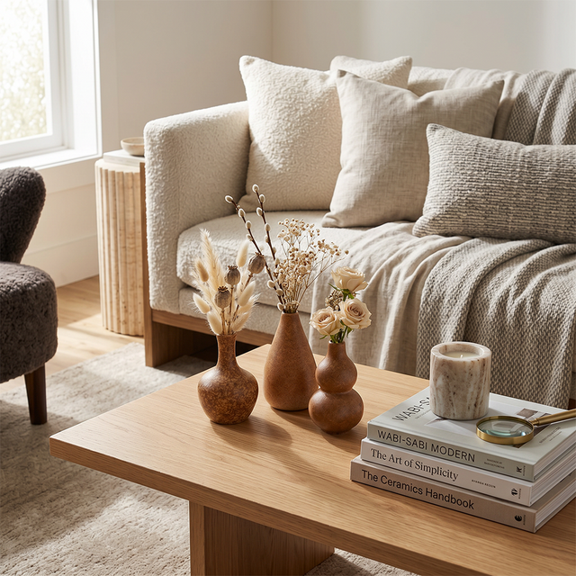 brown ceramic vases on coffee table