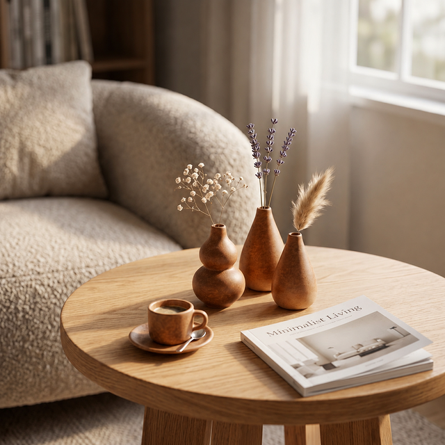 brown ceramic vases on round side table