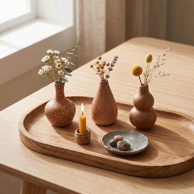 brown ceramic vases on wooden tray