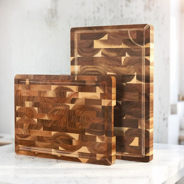 brown cutting board placed vertical on the kitchen island