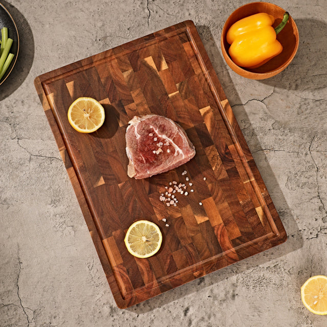 brown cutting board serving steak