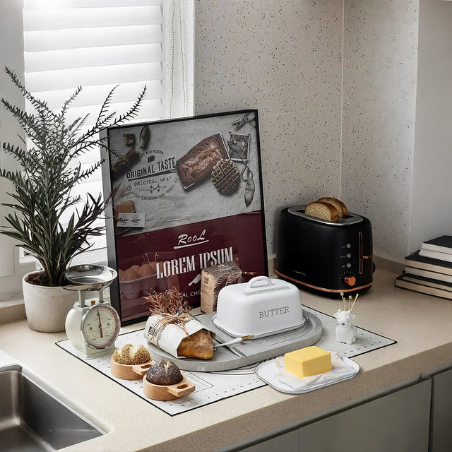 butter dish with lid on the kitchen counter