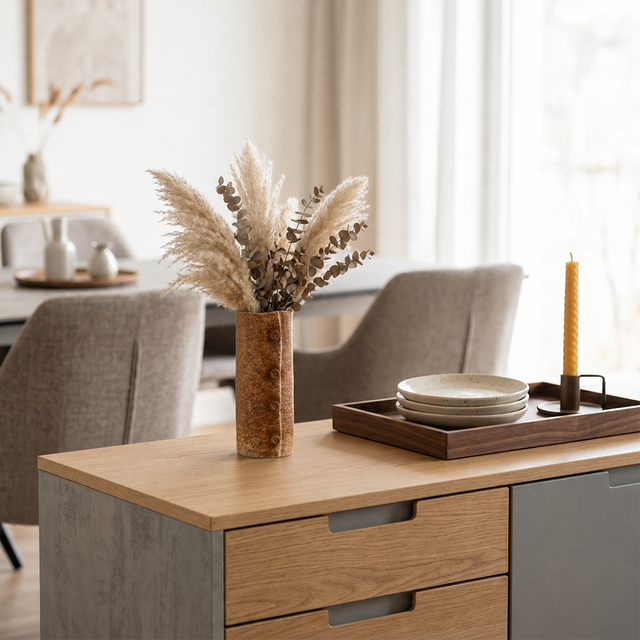button vase with pampas on sideboard