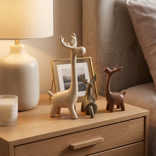 ceramic deer on bedside nightstand