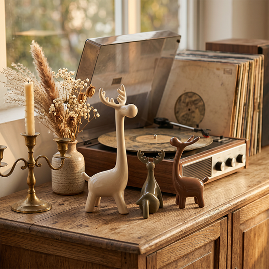 ceramic deer on retro record player